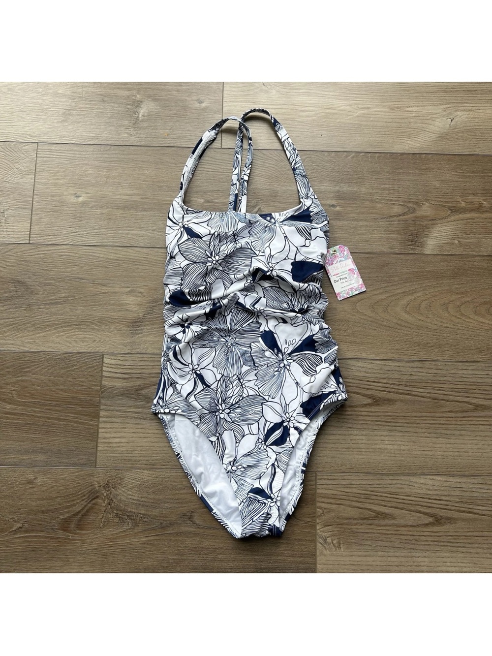 Womens Size Large Stella Parker Print Shorter One Piece Swimsuit Blue White
